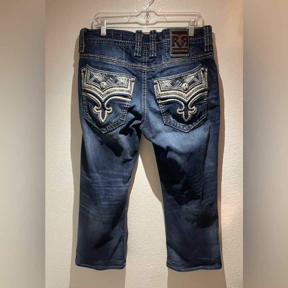 Rock Revival Jeans boot Men 34x31 Dark Wash Heavy Stitch Embroidered
